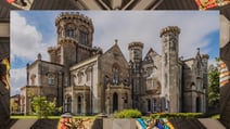 Studley Castle Hotel with a border depicting the beautiful stained glass in the turret