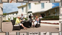 A group of friends enjoying a drink outside Gunton Hall, a Warner Village. The border depicts the detail of a wallpaper found inside the hotel.