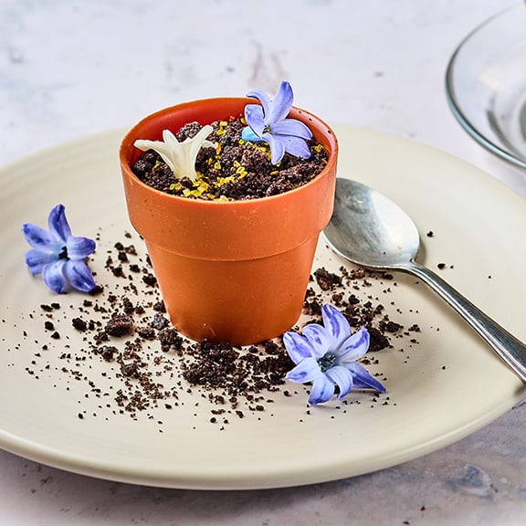 Edible flower pot - Mango mousse, biscuit crumb, golden rocks, flowers